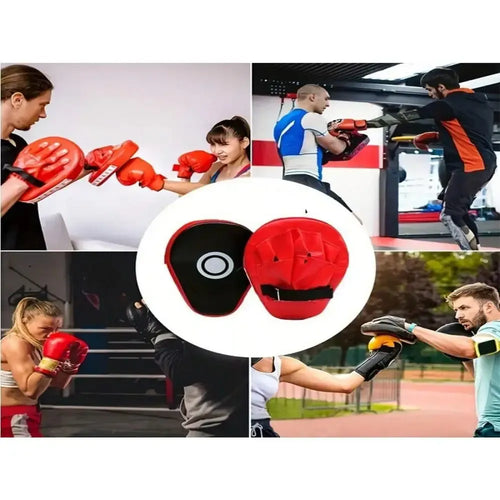 Boxing target training pad showcased with athletes practicing martial arts skills in various training environments.