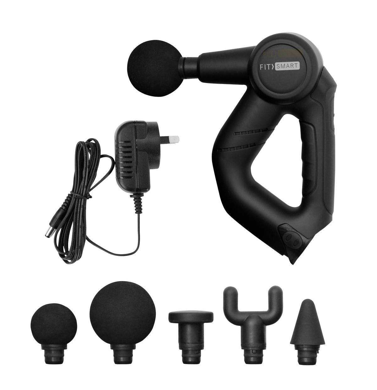 Massage gun FitSmart with various massage heads and charger for effective muscle recovery and vibration therapy.