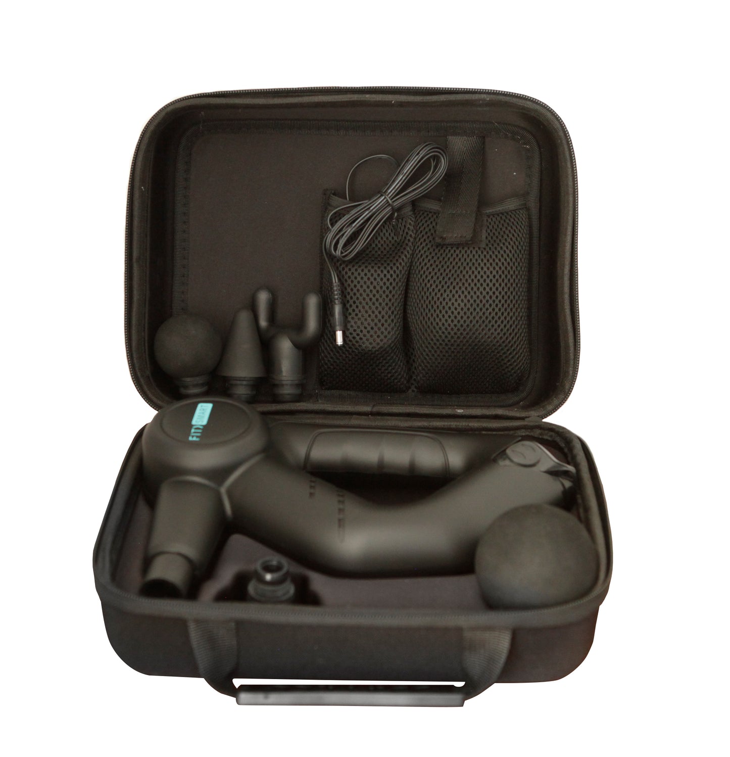 Massage gun in a portable case with attachments for targeted muscle recovery and vibration therapy.