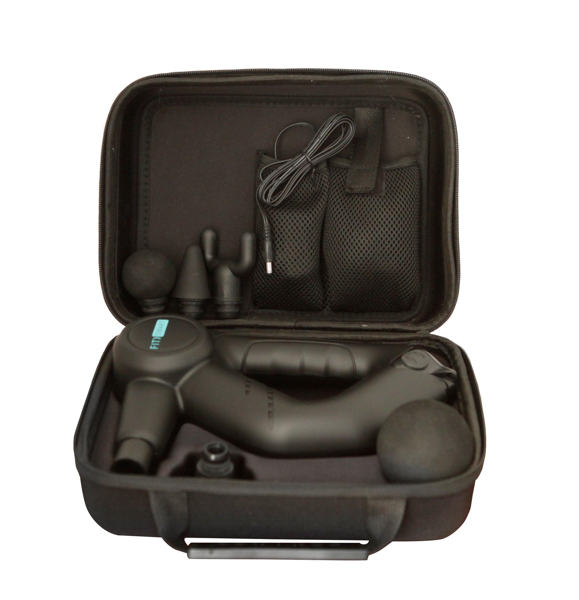 Massage gun in a portable case with attachments for targeted muscle recovery and vibration therapy.