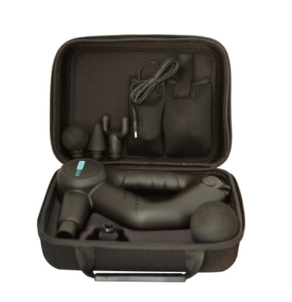 Massage gun in a portable case with attachments for targeted muscle recovery and vibration therapy.