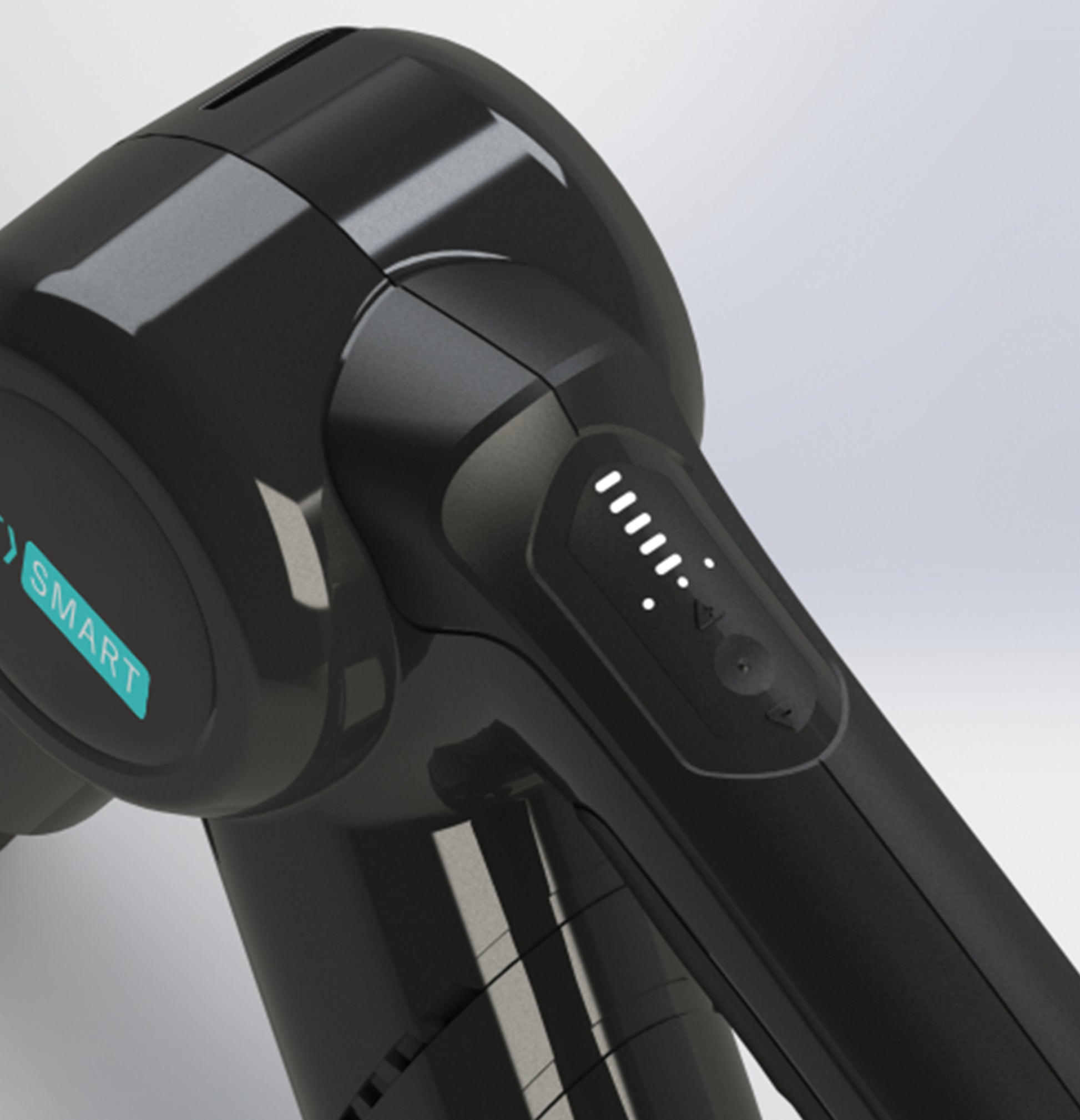 Close-up image of the FitSmart massage gun showing control panel and logo, designed for effective muscle recovery.