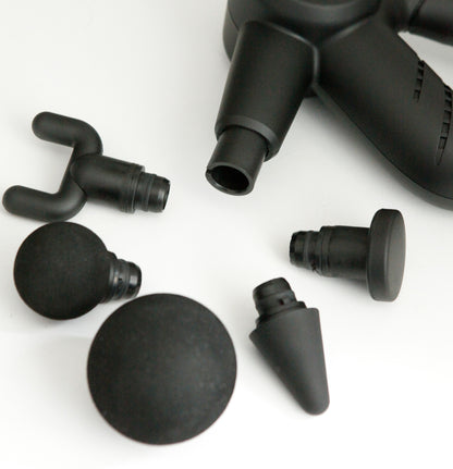 Massage gun attachments including various shapes for effective muscle recovery and vibration therapy.