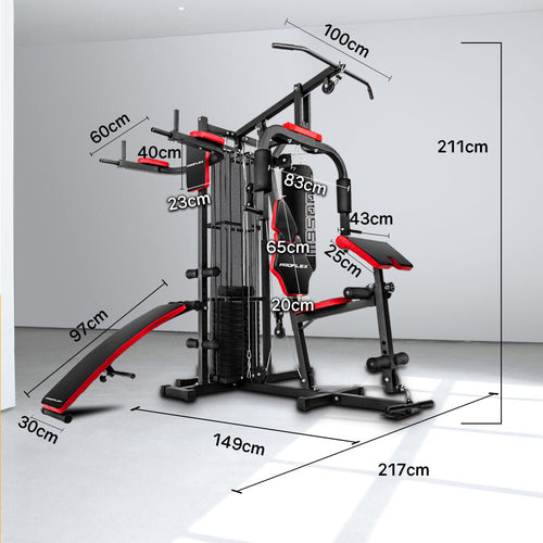 Proflex M9500 Home Gym multi station exercise machine with dimensions for strength training and conditioning.
