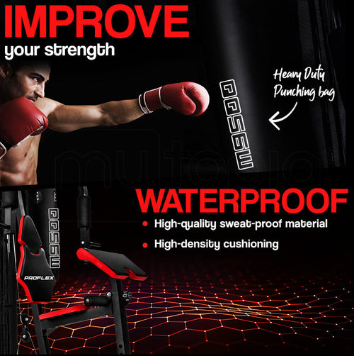 Proflex M9500 Home Gym featuring a boxing bag, highlighting waterproof material and strength improvement.