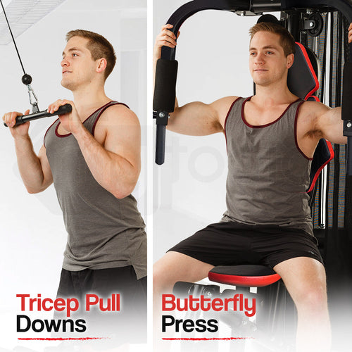 Man performing Tricep Pull Downs and Butterfly Press on a Proflex M9500 Home Gym multi station exercise machine.