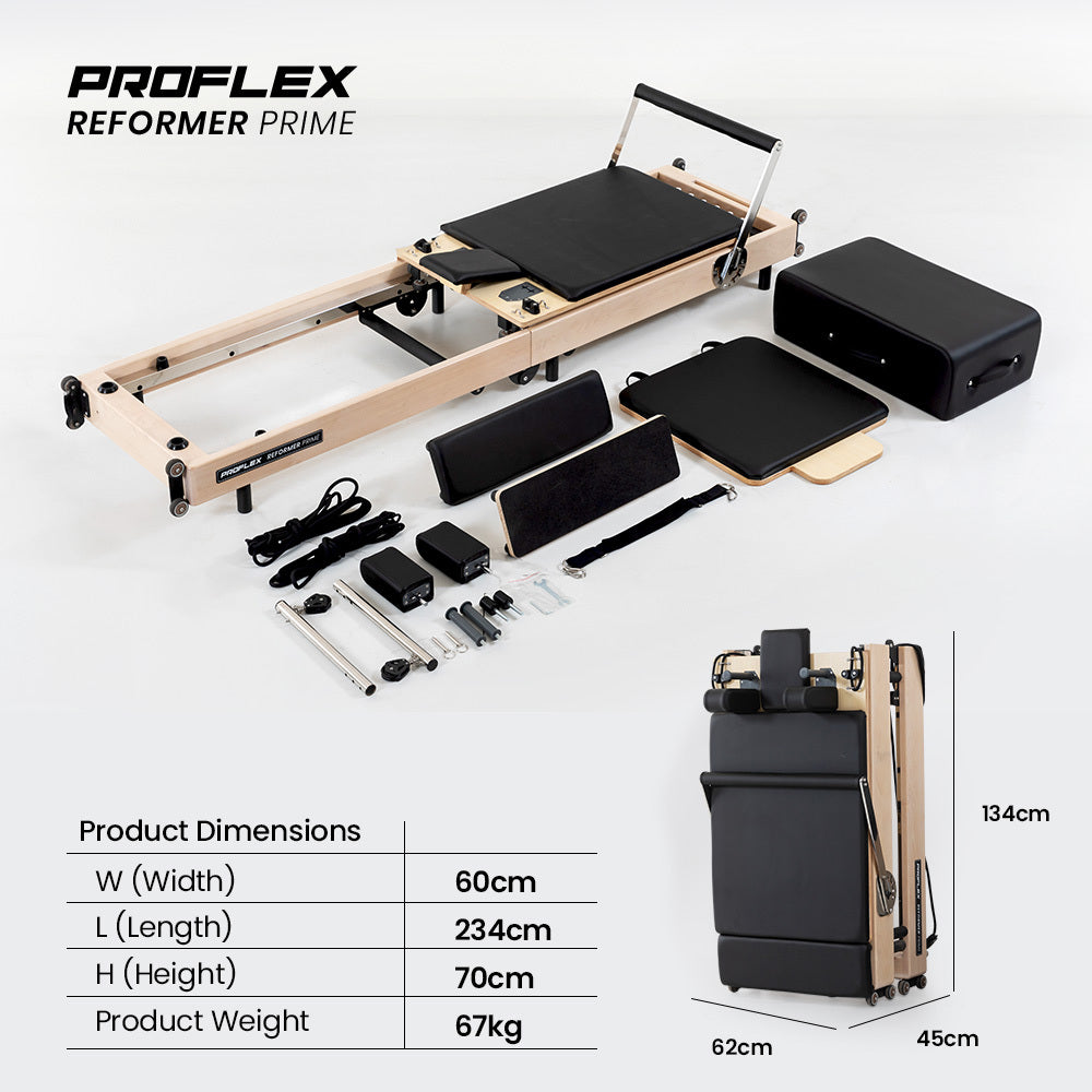 PROFLEX Wooden Pilates Reformer with accessories, dimensions, and folding feature for home workouts.