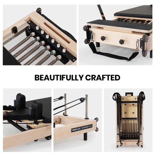 Detailed view of PROFLEX Wooden Pilates Reformer showcasing its elegant design and craftsmanship.