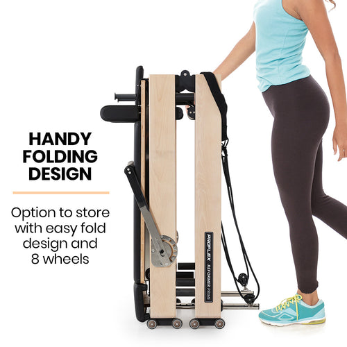 Handy folding design of the PROFLEX Wooden Pilates Reformer with easy storage option and 8 wheels.