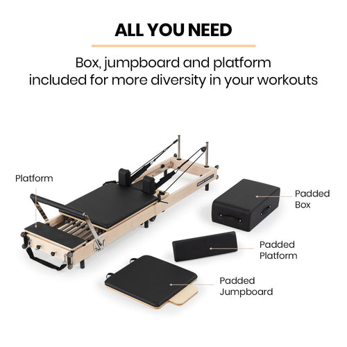 Pilates Reformer with padded box, jumpboard, and platform for diverse workouts at home
