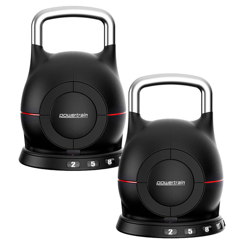 Adjustable Kettlebell Set showcasing Powertrain kettlebells with multiple weight settings from 2kg to 20kg.