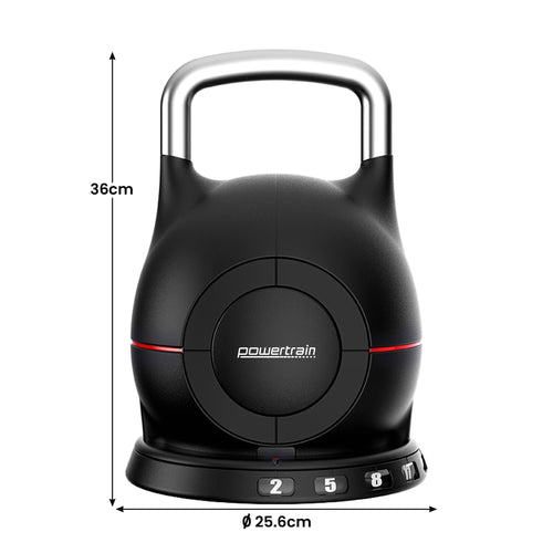 Adjustable Kettlebell from Powertrain with 7 weight settings, ideal for home workouts, dimensions 36cm height and 25.6cm diameter.