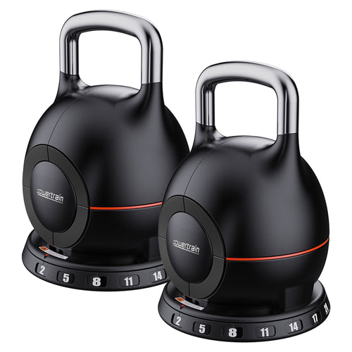 Adjustable Kettlebell Set with 7 weight settings for versatile home workouts by Powertrain.