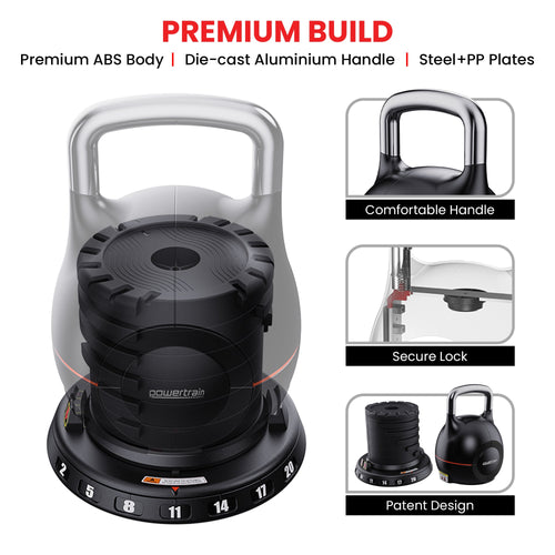 Adjustable Kettlebell highlighting premium build with ABS body, die-cast handle, and 7 weight settings from 2kg to 20kg.