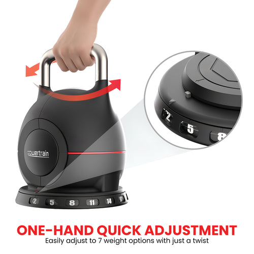 Adjustable Kettlebell with one-hand quick adjustment feature, showcasing 7 weight settings from 2kg to 20kg.