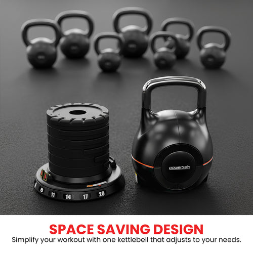 Adjustable Kettlebell set with 7 weight settings for versatile home workouts, featuring a space-saving design.
