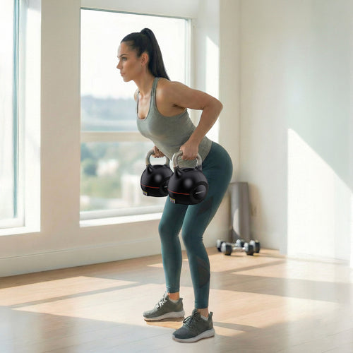 Woman performing an exercise with the Adjustable Kettlebell set in a bright indoor space.
