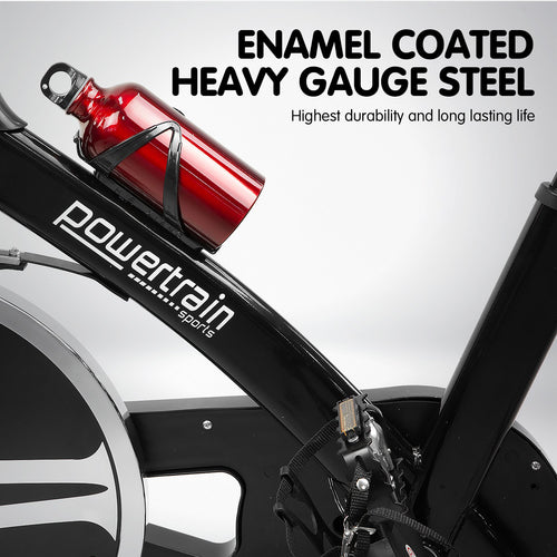 Close-up of the Powertrain Flywheel Spin Bike featuring enamel coated heavy gauge steel for durability and longevity.