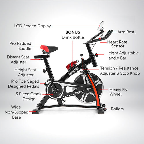 Flywheel Spin Bike features labeled including LCD screen, heart rate sensor, adjustable seat, and heavy flywheel.