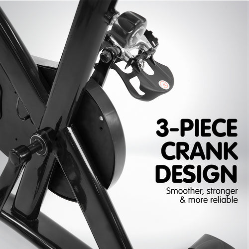 Flywheel Spin Bike close-up of 3-piece crank design for smoother, stronger, and more reliable performance.