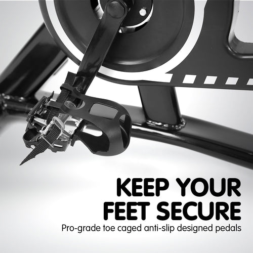 Flywheel Spin Bike with pro-grade toe caged anti-slip pedals for secure and stable cycling performance.