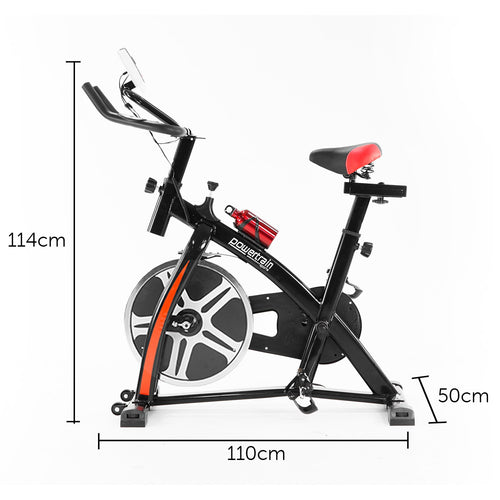 Flywheel Spin Bike from Powertrain, featuring a sleek design and measurements for home gym use.