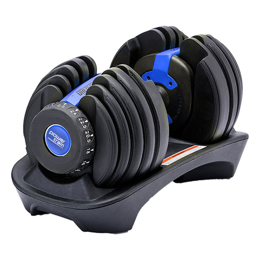 Powertrain 24KG Adjustable Home Gym Dumbbell - Blue on stand, modern fitness equipment for customizable workouts.