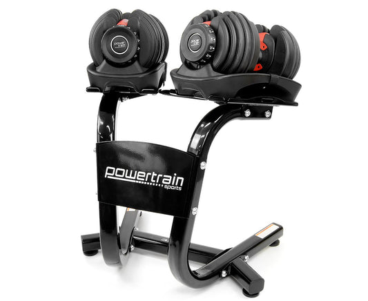 Adjustable Dumbbells with Stand by Powertrain 24KG Set on display.