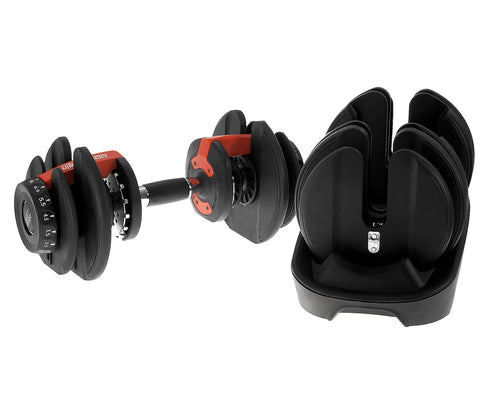 Adjustable Dumbbells with Stand 24KG Set by Powertrain featuring 15 weight levels, ideal for home gym workouts and seamless exercise transitions.