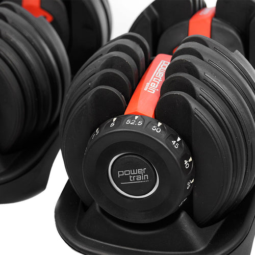 Adjustable Dumbbells with Stand 24KG Set by Powertrain featuring 15 adjustable levels for home gym use.