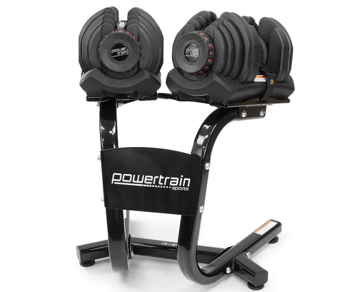 Adjustable Dumbbells with Stand 40KG Set by Powertrain for home gym strength training.