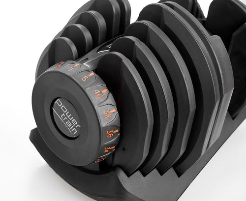 Adjustable Dumbbells with Stand 40KG Set by Powertrain showing weight adjustment dial