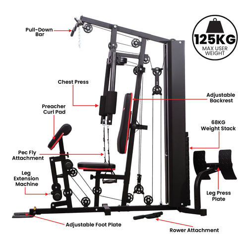 Multi Station Home Gym Powertrain JX-89 features adjustable components and 68kg weight stack for total body training.