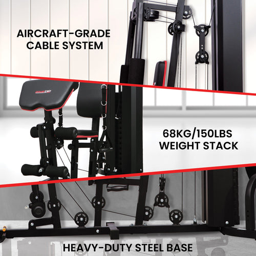 Multi Station Home Gym featuring aircraft-grade cable system and 68kg weight stack for effective strength training.