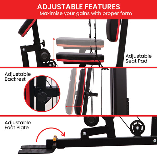 Multi Station Home Gym adjustable features including seat pad, backrest, and foot plate for optimal workout form.