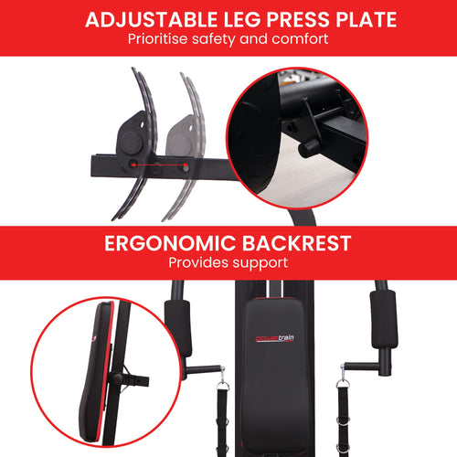 Multi Station Home Gym adjustable leg press plate and ergonomic backrest for safe and comfortable training.
