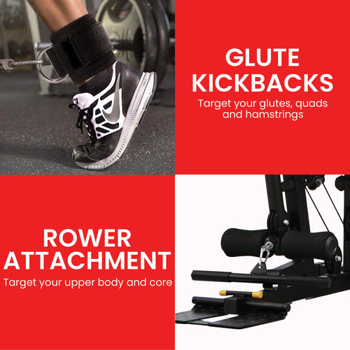 Multi Station Home Gym with glute kickbacks and rower attachment features for total body workout.