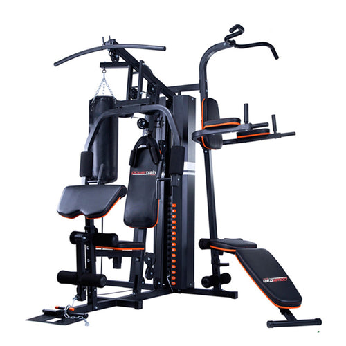Home Gym With Punching Bag – Powertrain 150lbs Multi Station featuring multiple exercise stations and an integrated punching bag.