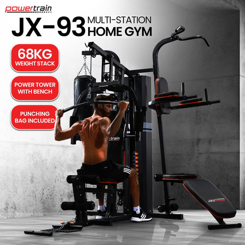 Home Gym With Punching Bag featuring a power tower, 68kg weight stack, and integrated punching bag for versatile workouts.