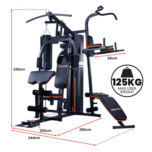Home Gym With Punching Bag – Powertrain 150lbs Multi Station with dimensions and features for strength training and boxing workouts.