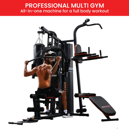 Home Gym With Punching Bag - Powertrain 150lbs Multi Station for strength training and boxing workouts.