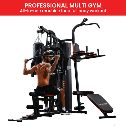 Home Gym With Punching Bag - Powertrain 150lbs Multi Station for strength training and boxing workouts.