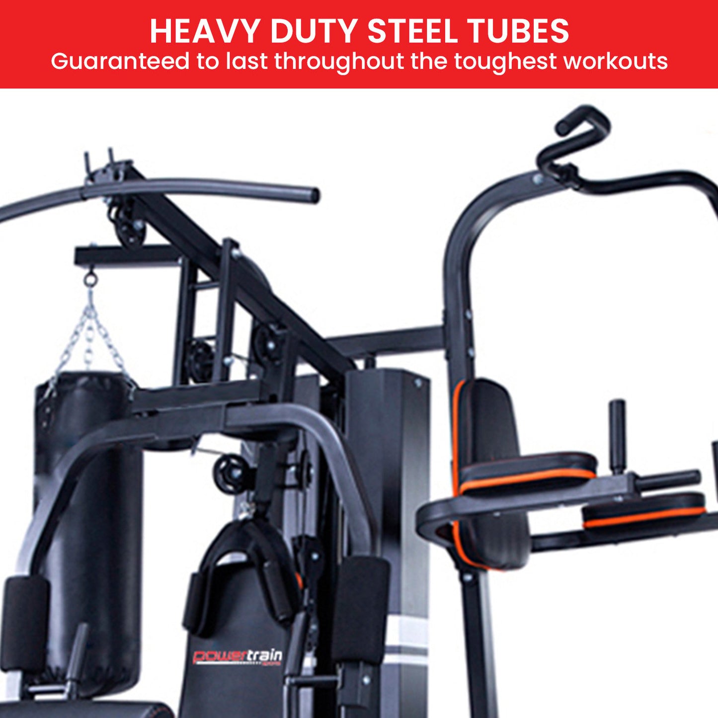 Home Gym With Punching Bag featuring heavy duty steel tubes designed for intense workouts and durability.