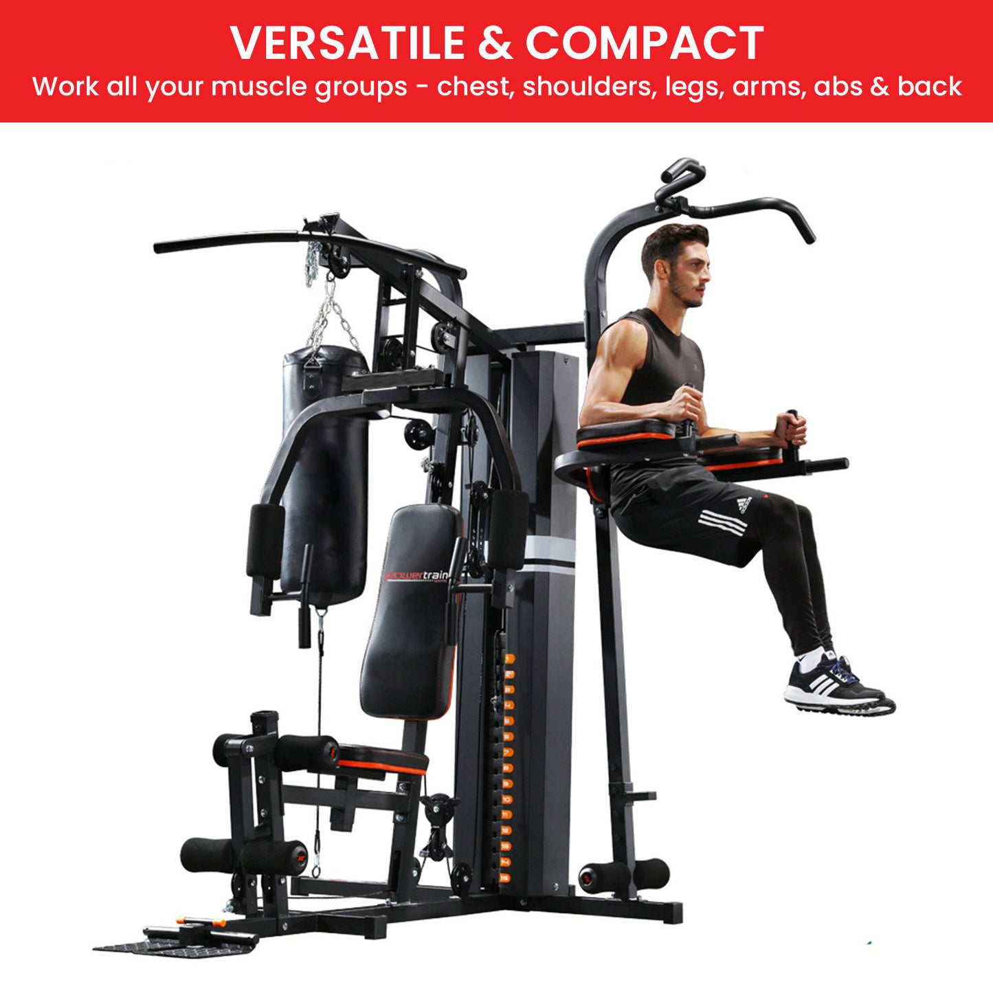 Home Gym With Punching Bag featuring a versatile multi station with a person exercising for a full-body workout.