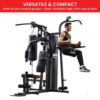 Home Gym With Punching Bag featuring a versatile multi station with a person exercising for a full-body workout.