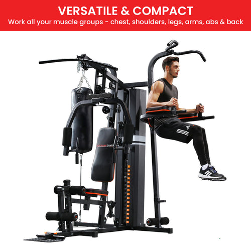 Home Gym With Punching Bag featuring a versatile multi station with a person exercising for a full-body workout.