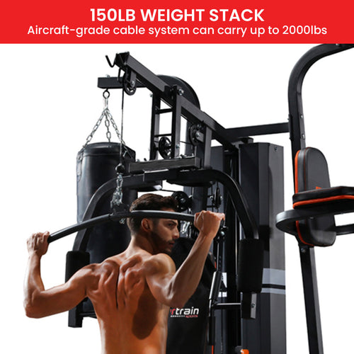 Home Gym With Punching Bag featuring a 150lb weight stack for versatile workouts and heavy-duty strength training.