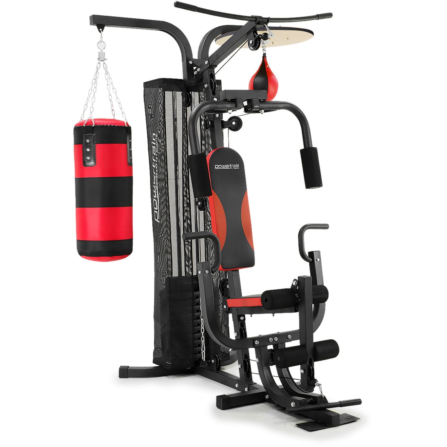 Powertrain Multi-Station Home Gym with Boxing Bag and Speedball, perfect for versatile at-home fitness training and workouts.