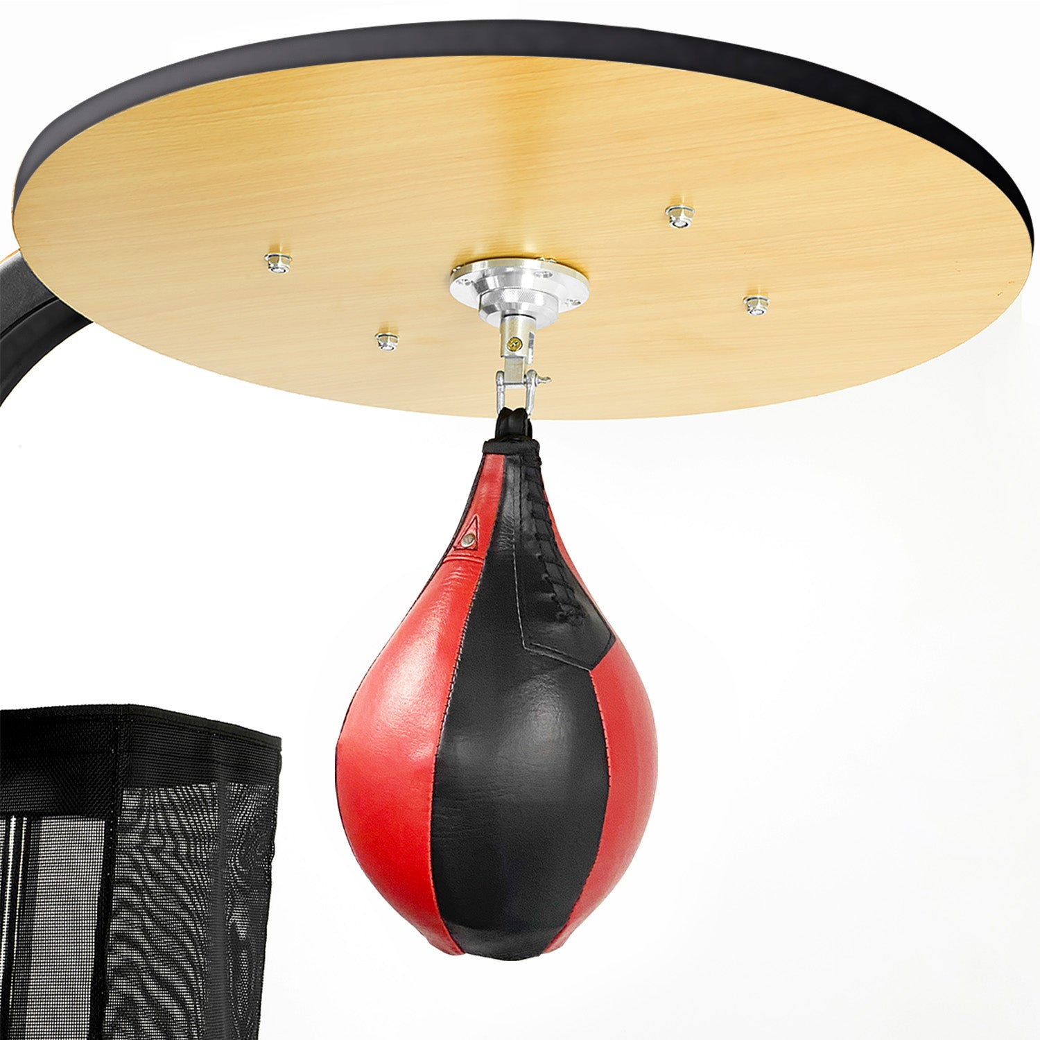 Speedball attached to Powertrain Multi-Station Home Gym with Boxing Bag, showing red and black design on a wooden platform.