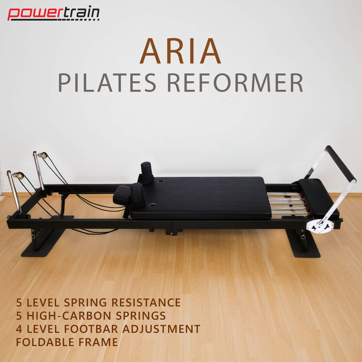 Powertrain Aria Pilates Reformer featuring 5 tension springs and a foldable design for versatile workouts.